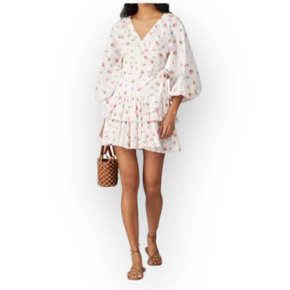 Maia Bergman Ines Dress Women's Small White Pink Floral Mini Wrap Long Sleeves